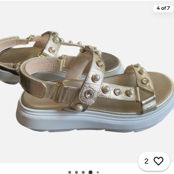 Stuart Weitzman Zoelie Beaded Metallic Gold Leather Platform Sandals - Picture 1 of 10